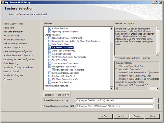 SQL Server Data Tools - Feature Selection